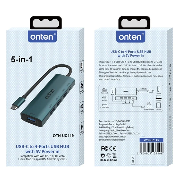 ONTEN UC119 5-en-1 USB-C vers USB3.0 + 3xUSB2.0 + Adaptateur d'entrée USB-C Concentrateur USB