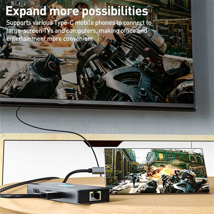 BYL-2401 8-en-1 USB-C a DisplayPort HD 4K Estación de acoplamiento Adaptador PD 100W Conector Ethernet