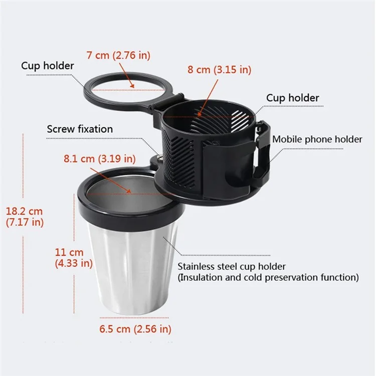 Suporte de Copo para Veículo com Rotação de 360°, Preservação de Calor 3 em 1 e Suporte Dobrável para Celular