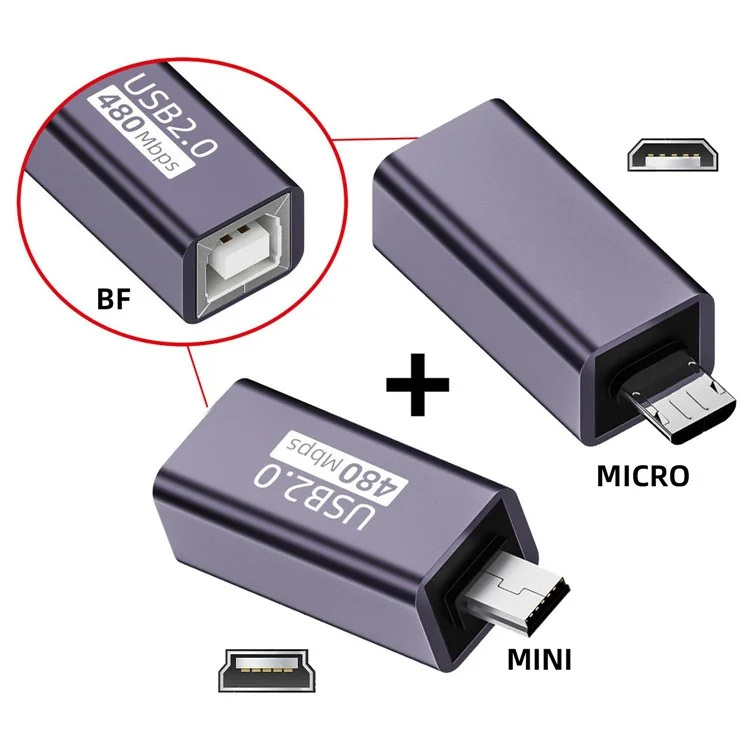U2-010-MM 2Pcs USB 2.0 B Type Female to Mini USB & Micro Male Extension Adapter per Stampante Telefono Disco