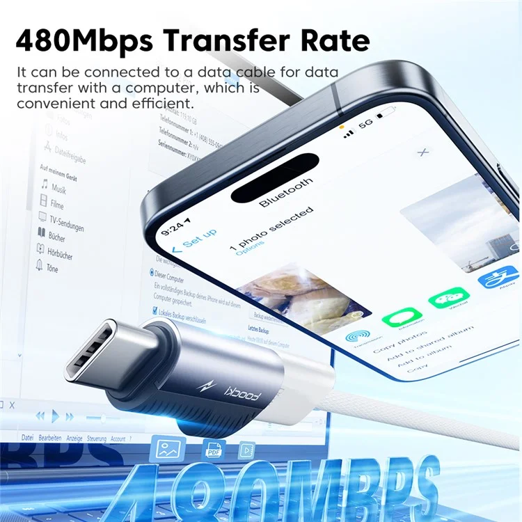 TOOCKI TQ-OTG11 USB-C Male to iP Female 60W Data Adapter 480Mbps Data Transmission - Grey