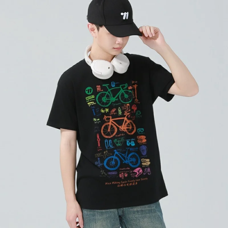 WEST BIKING YP0206180 T-shirt imprimé vélo Col rond Manches courtes Coton Été Sports de plein air - Noir / S