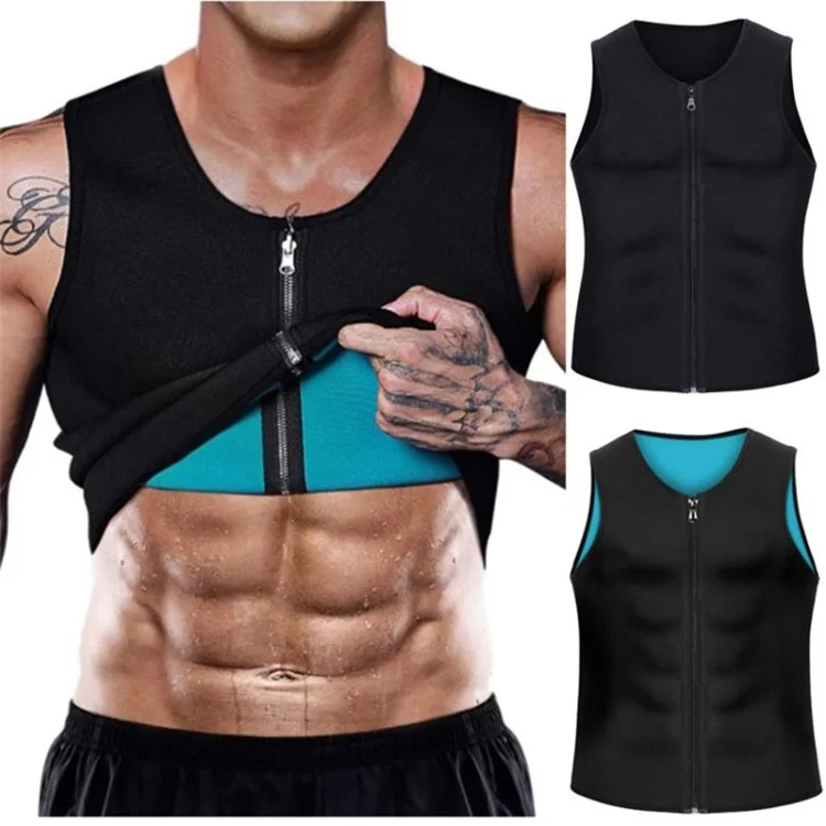 Chaleco Fitness para Hombres Corset Neopreno Ropa Deportiva Moldeadora con Cremallera Parte Superior para Entrenamiento - Negro+Azul / S