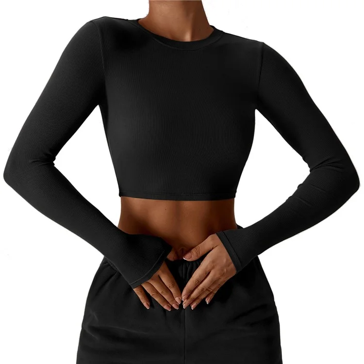 8188 Slim Fit Yoga Long Sleeve T-Shirt Women Fitness Running Sports Crop Top - Black / S