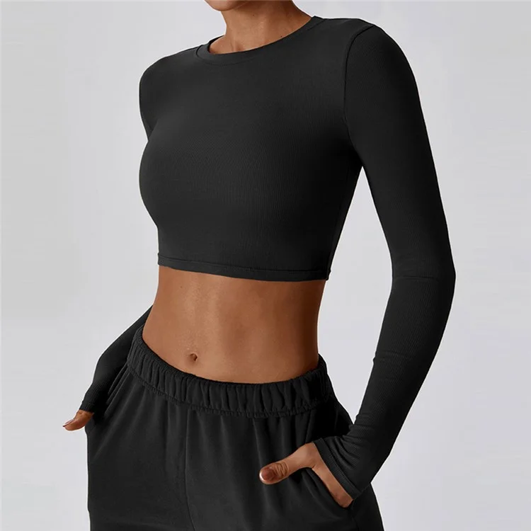 8188 Slim Fit Yoga Long Sleeve T-Shirt Women Fitness Running Sports Crop Top - Black / S