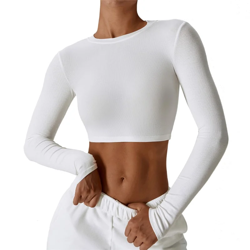 8188 Slim Fit Yoga Long Sleeve T-Shirt Women Fitness Running Sports Crop Top - White / M