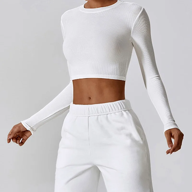 8188 Slim Fit Yoga Long Sleeve T-Shirt Women Fitness Running Sports Crop Top - White / M
