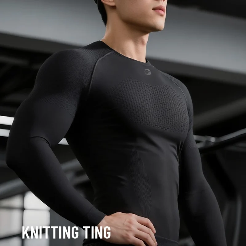 GOLOVEJOY JS07 Top da Allenamento Asciugatura Rapida per Uomini, Maglietta Sportiva Elastica a Compressione a Maniche Lunghe - Nero / M