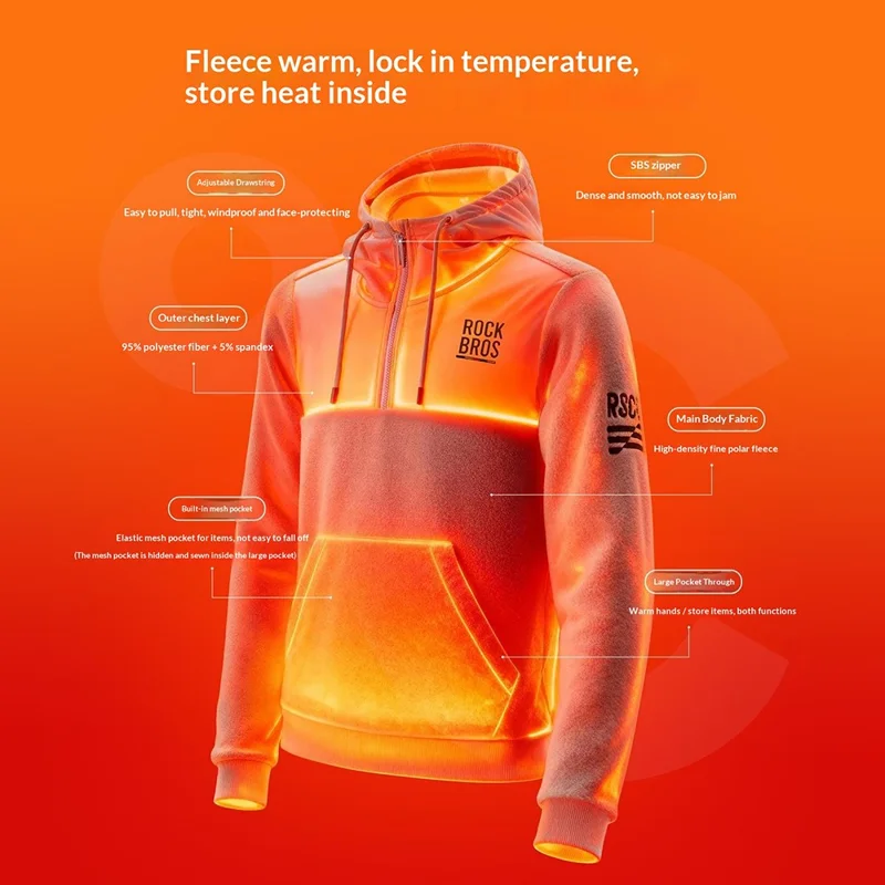 ROCKBROS 15400008 TLWY002 15400008001 Sudadera deportiva de felpa cortavientos con cremallera, sudadera con capucha con bolsillo oculto de malla - Gris claro / S