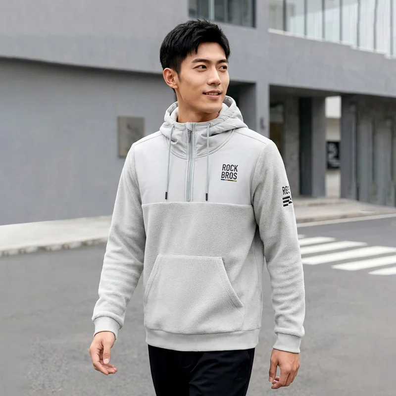 ROCKBROS 15400008 TLWY002 15400008001 Sudadera deportiva de felpa cortavientos con cremallera, sudadera con capucha con bolsillo oculto de malla - Gris claro / S