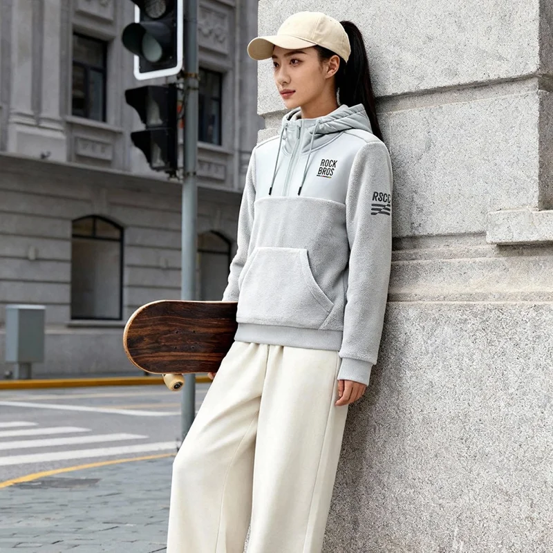 ROCKBROS 15400008 TLWY002 15400008001 Sudadera deportiva de felpa cortavientos con cremallera, sudadera con capucha con bolsillo oculto de malla - Gris claro / S