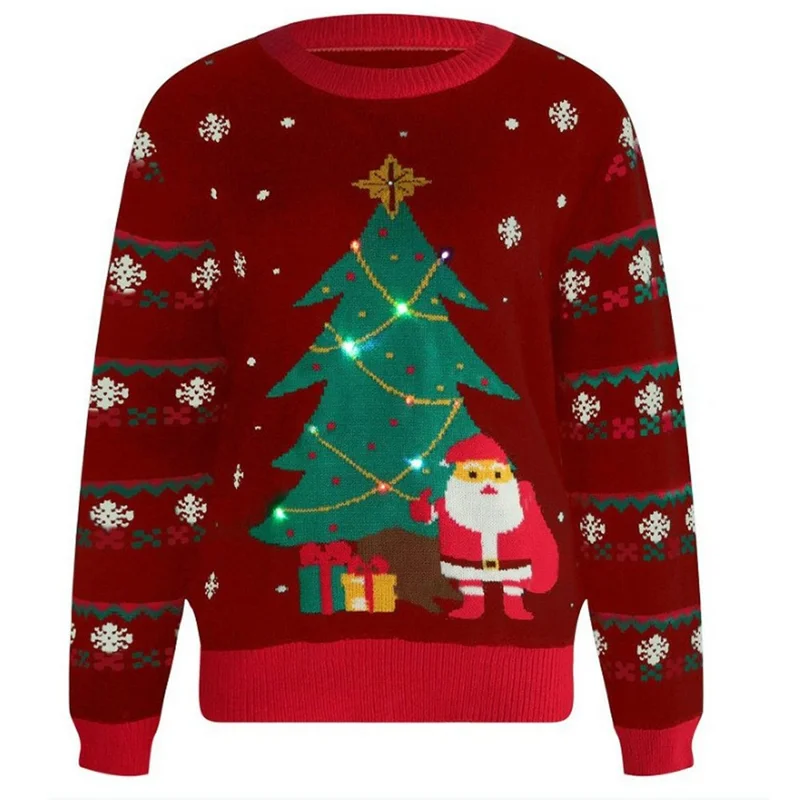 Size M Christmas Tree Pattern Round Neck Knitted Sweater LED Light Up Holiday Pullover for Autumn Winter - Red / with LED
