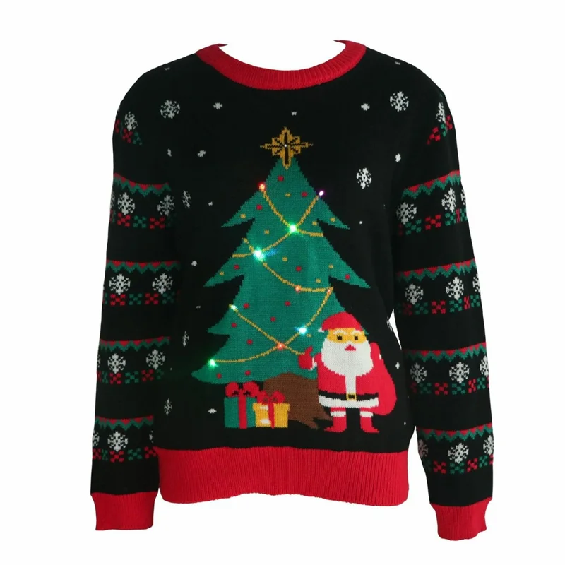 Size XL Christmas Tree Pattern Round Neck Knitted Sweater LED Light Up Holiday Pullover for Autumn Winter - Black / with LED