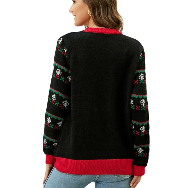 Size XL Christmas Tree Pattern Round Neck Knitted Sweater LED Light Up Holiday Pullover for Autumn Winter - Black / with LED