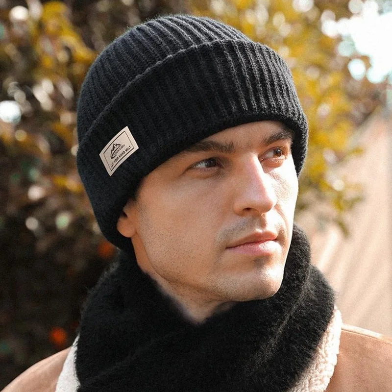 GOLOVEJOY DMZ81 Winter Combed Cotton Men Hat Elastic Knitted Warm Beanie Cap Face Mask - Black
