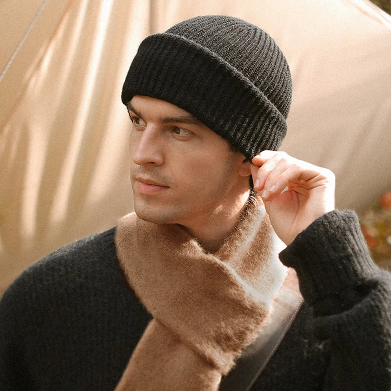 GOLOVEJOY DMZ81 Winter Combed Cotton Men Hat Elastic Knitted Warm Beanie Cap Face Mask - Black