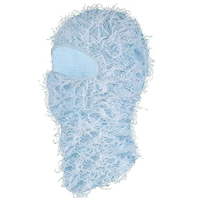Winter Fluffy Full Face Mask Windproof Knitted Balaclava Hat Neck Warmer for Skiing Cycling - Sky Blue+White Fringe