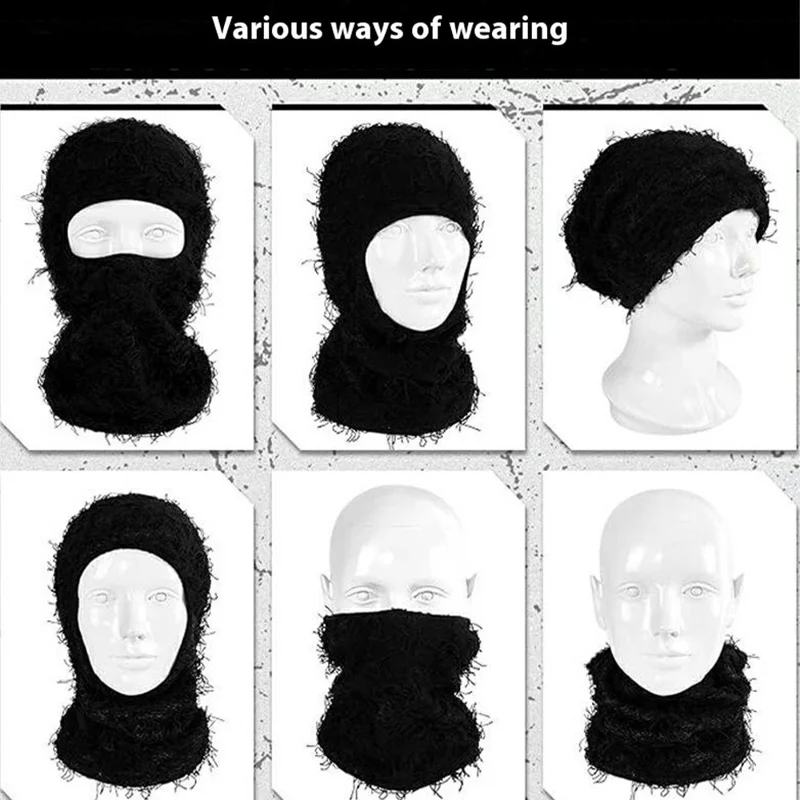 Winter Fluffy Full Face Mask Windproof Knitted Balaclava Hat Neck Warmer for Skiing Cycling - Sky Blue+White Fringe