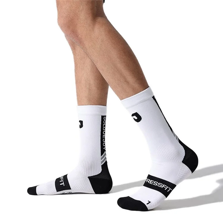 GOLOVEJOY DWZ12 Reflective Middle Tube Socks Outdoor Sports Compression Socks for Running Basketball - White  /  Size 35-39
