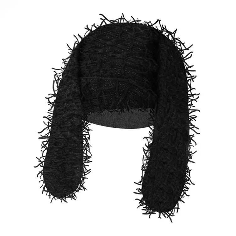 Winter Rabbit Ear Warm Knitted Ear Protection Hat Windproof Outdoor Cycling Cap - Black