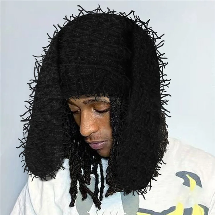 Winter Rabbit Ear Warm Knitted Ear Protection Hat Windproof Outdoor Cycling Cap - Black