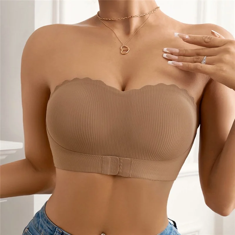 Size M For Women Strapless Bra Front Closure Push Up Bralette Anti Slip Invisible Seamless Underwear - Black
