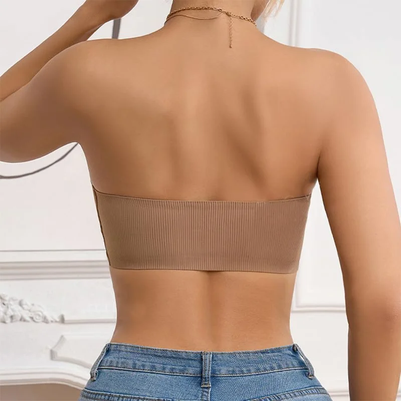 Size M For Women Strapless Bra Front Closure Push Up Bralette Anti Slip Invisible Seamless Underwear - Black