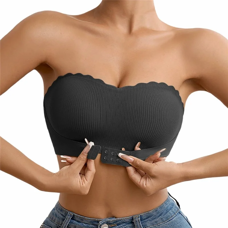 Size L For Women Strapless Bra Front Closure Push Up Bralette Anti Slip Invisible Seamless Underwear - Black