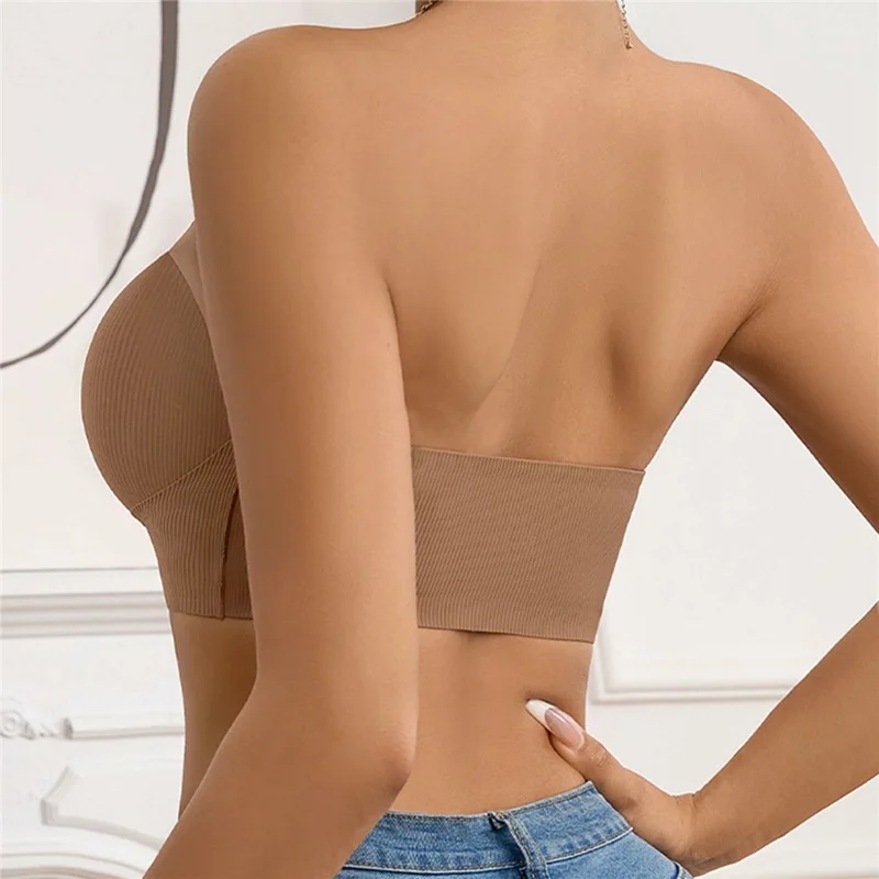 Size L For Women Strapless Bra Front Closure Push Up Bralette Anti Slip Invisible Seamless Underwear - Black