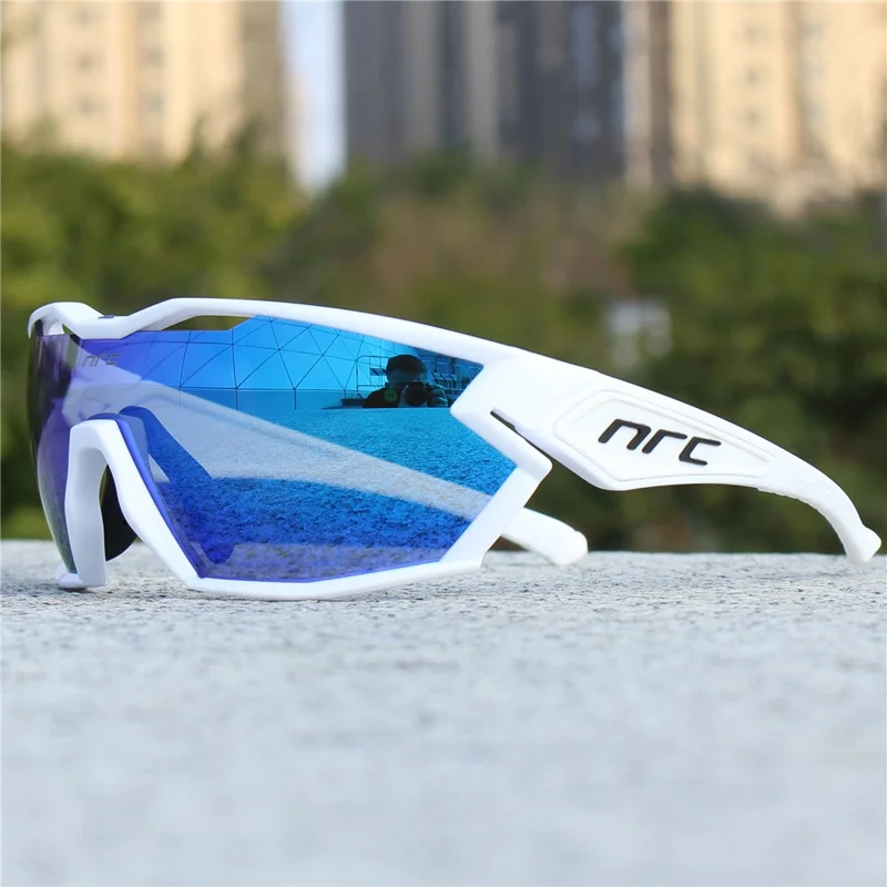 NRC X2 Sunglasses TR90 Frame Cycling Glasses with 3 Interchangeable Lenses - White / Blue Lens