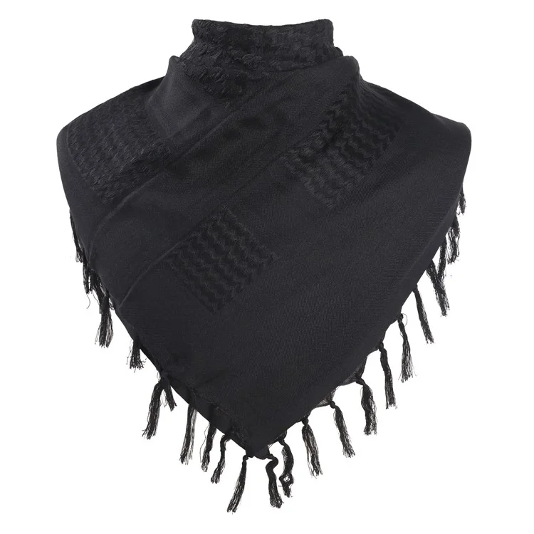 Men Military Shemagh Neck Scarf Cotton Arab Head Wrap with Tassel Outdoor Square Shawl - Black
