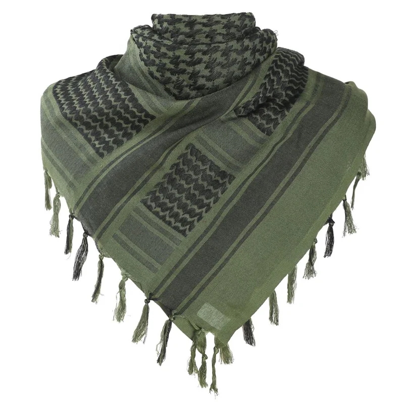 Men Military Shemagh Neck Scarf Cotton Arab Head Wrap with Tassel Outdoor Square Shawl - Army Green