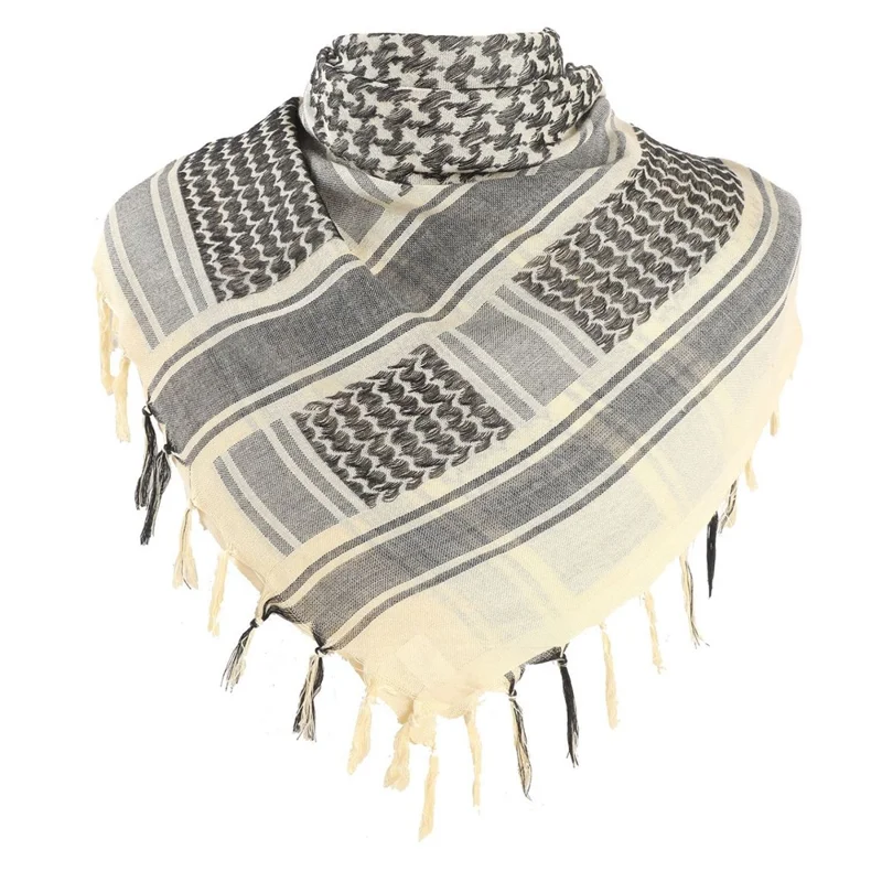 Men Military Shemagh Neck Scarf Cotton Arab Head Wrap with Tassel Outdoor Square Shawl - Beige