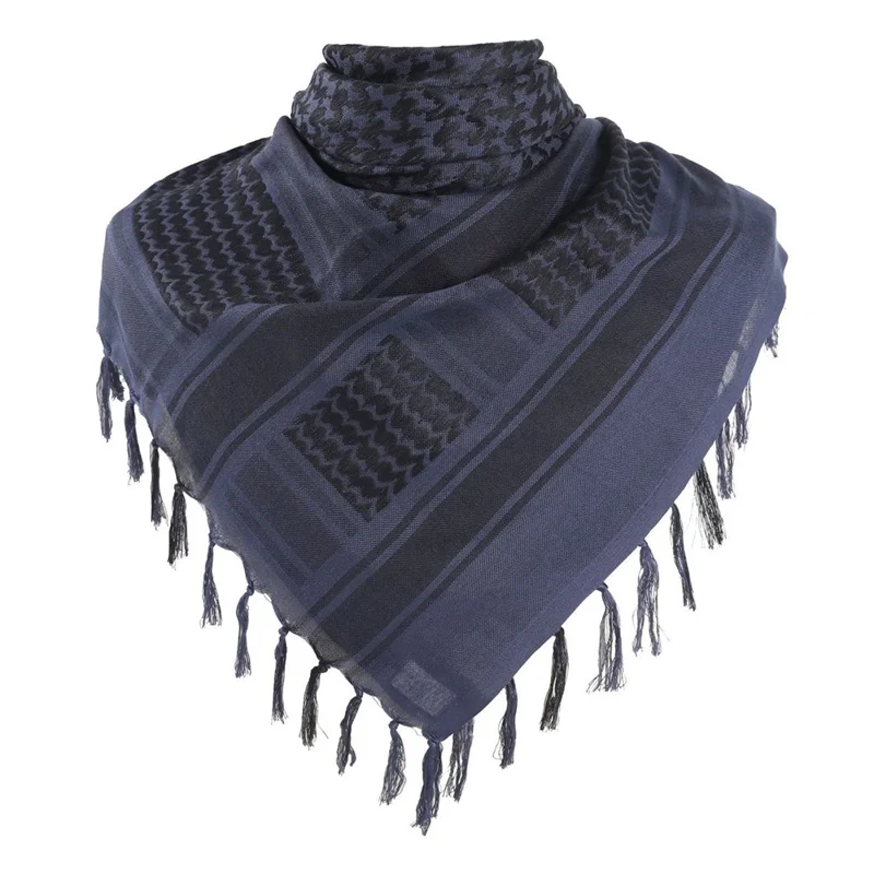Men Military Shemagh Neck Scarf Cotton Arab Head Wrap with Tassel Outdoor Square Shawl - Navy Blue
