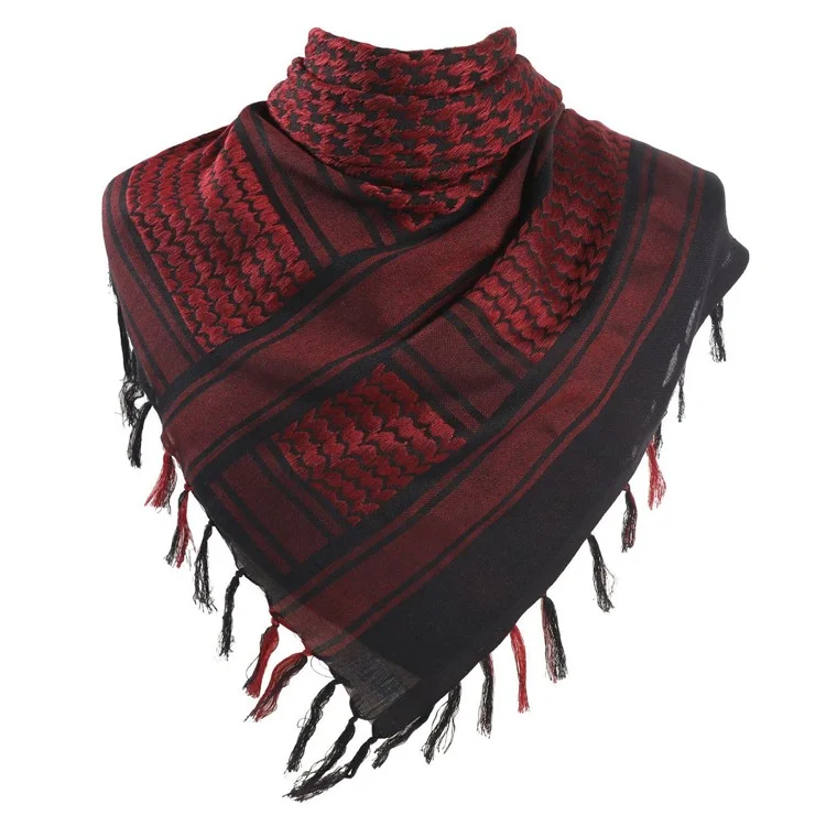 Men Military Shemagh Neck Scarf Cotton Arab Head Wrap with Tassel Outdoor Square Shawl - Black+Red