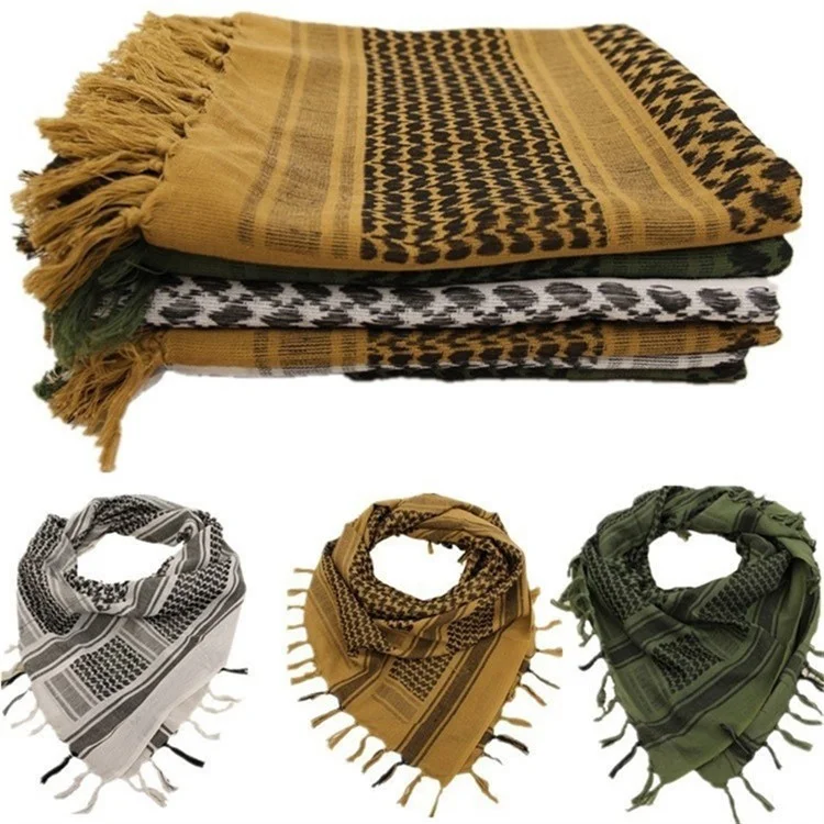 Men Military Shemagh Neck Scarf Cotton Arab Head Wrap with Tassel Outdoor Square Shawl - Black+Red