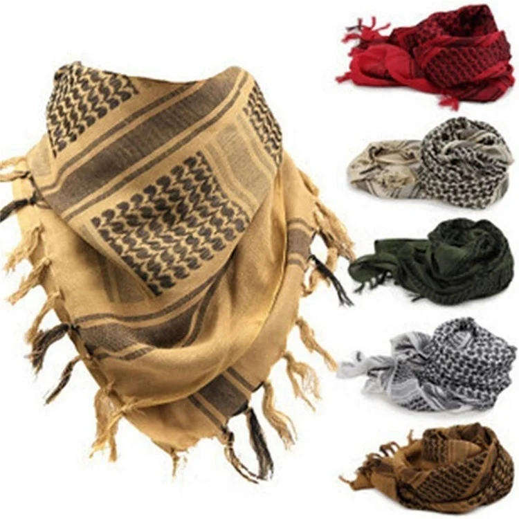 Men Military Shemagh Neck Scarf Cotton Arab Head Wrap with Tassel Outdoor Square Shawl - Black+Red