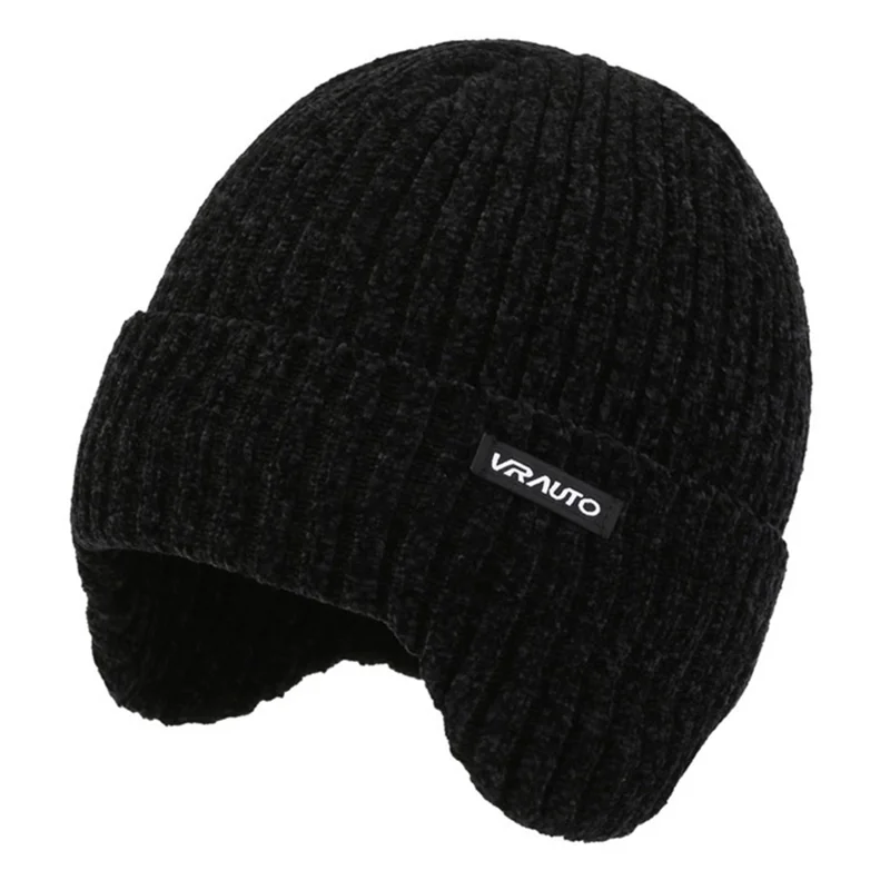 VRAUTO Chenille Beanie Winter Thickened Hat Knit Cap for Cycling, Running - Black