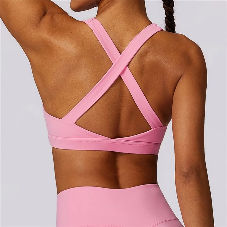 8047 Cross Back Design Women Shockproof Sports Bra Slim Fit Running Fitness Yoga Tank Vest - Pink M