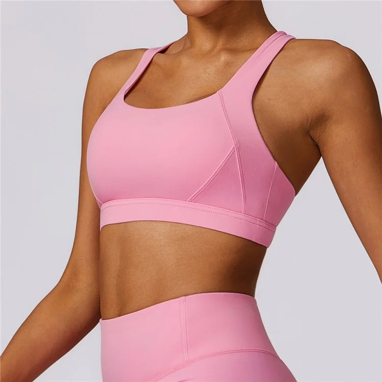 8047 Cross Back Design Women Shockproof Sports Bra Slim Fit Running Fitness Yoga Tank Vest - Pink M