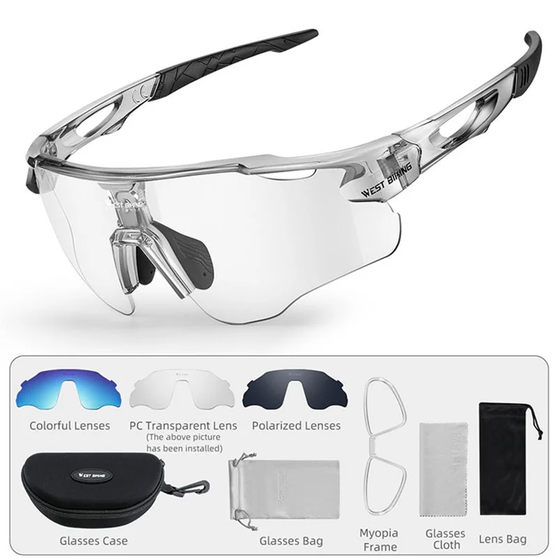 WEST BIKING YP0703172 Cycling Glasses Road Bike Sunglasses with Photochromic Polarized Colorful Lens - Transparent Black Frame