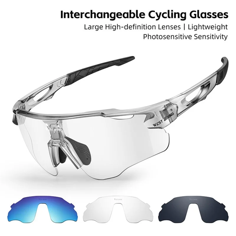 WEST BIKING YP0703172 Cycling Glasses Road Bike Sunglasses with Photochromic Polarized Colorful Lens - Transparent Black Frame