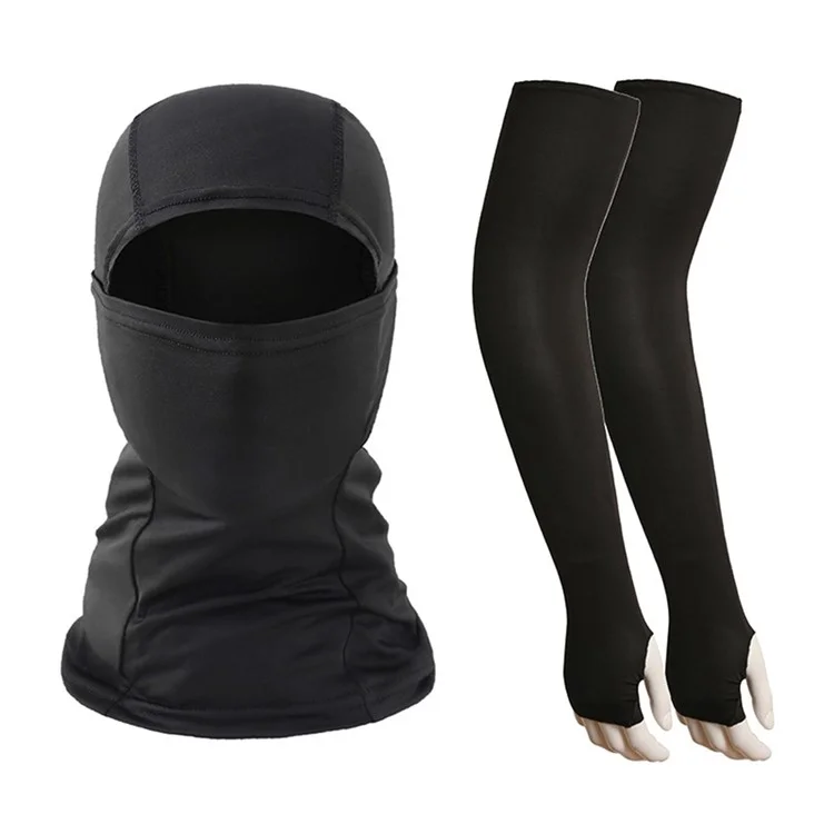 Outdoor Sun Protection Ice Silk Arm Sleeves with Balaclava Face Mask Set for Cycling Climbing Running - Black