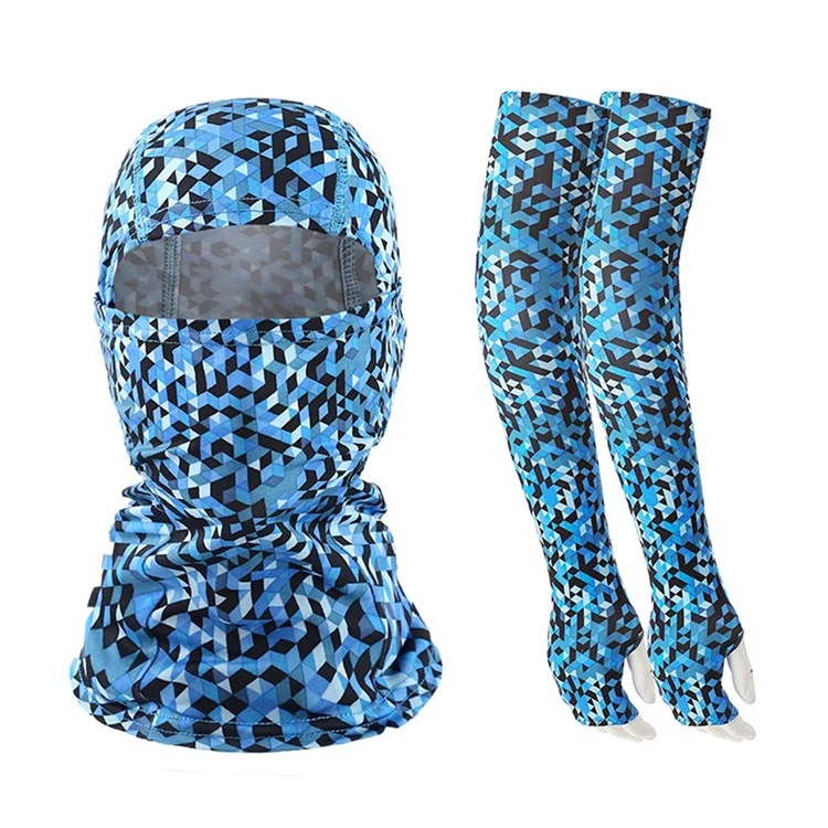 Manchettes de Protection Solaire en Soie Glacée avec Masque de Visage Cagoule pour Cyclisme Escalade Course - Grilles Saphir