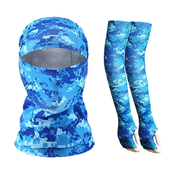 Outdoor Sun Protection Ice Silk Arm Sleeves with Balaclava Face Mask Set for Cycling Climbing Running - Camouflage Blue