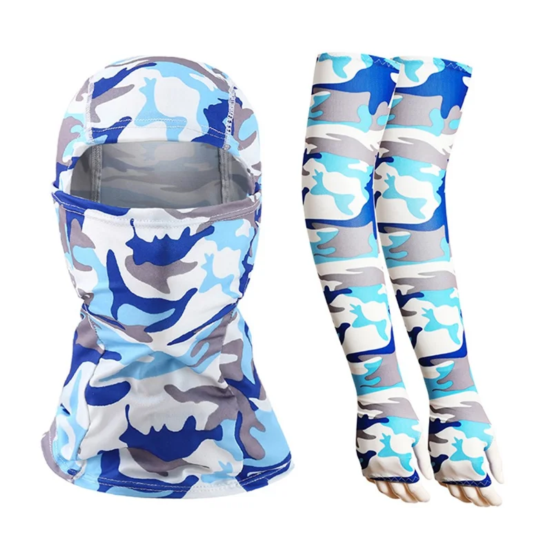 Outdoor Sun Protection Ice Silk Arm Sleeves with Balaclava Face Mask Set for Cycling Climbing Running - Camouflage Sky Blue