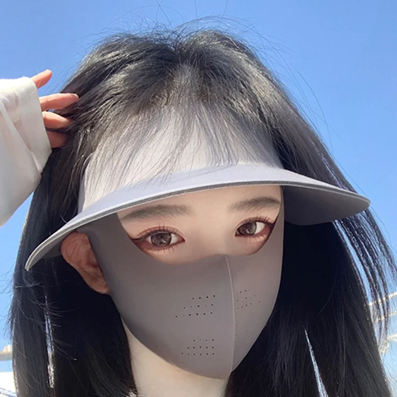 Outdoor Running Sun Protection Full Face Mask Hat Ice Silk UV Shield Wide Brim Visor Cap + Mask - Dark Grey