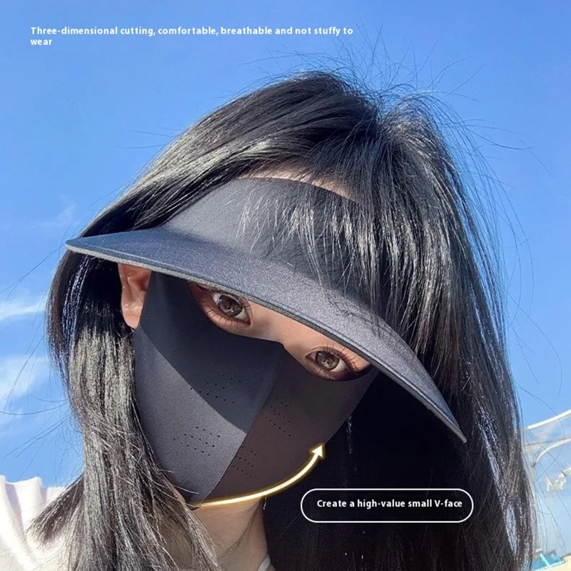 Outdoor Running Sun Protection Full Face Mask Hat Ice Silk UV Shield Wide Brim Visor Cap + Mask - Dark Grey