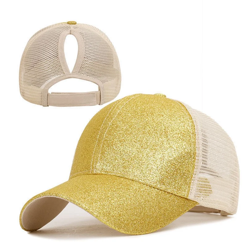 Sequined Design Baseball Cap Casual Hollow Mesh Dad Hat Adjustable Size for Running Workouts and Outdoor Activities - Yellow