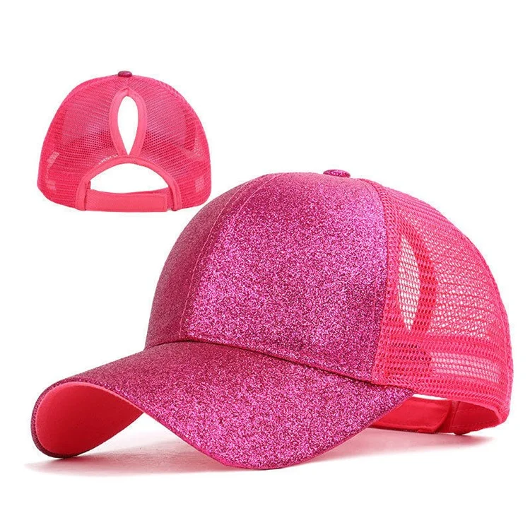 Boné de beisebol com design com lantejoulas, casual, com tela vazada, chapéu pai ajustável para corrida, treinos e atividades ao ar livre - Rosa